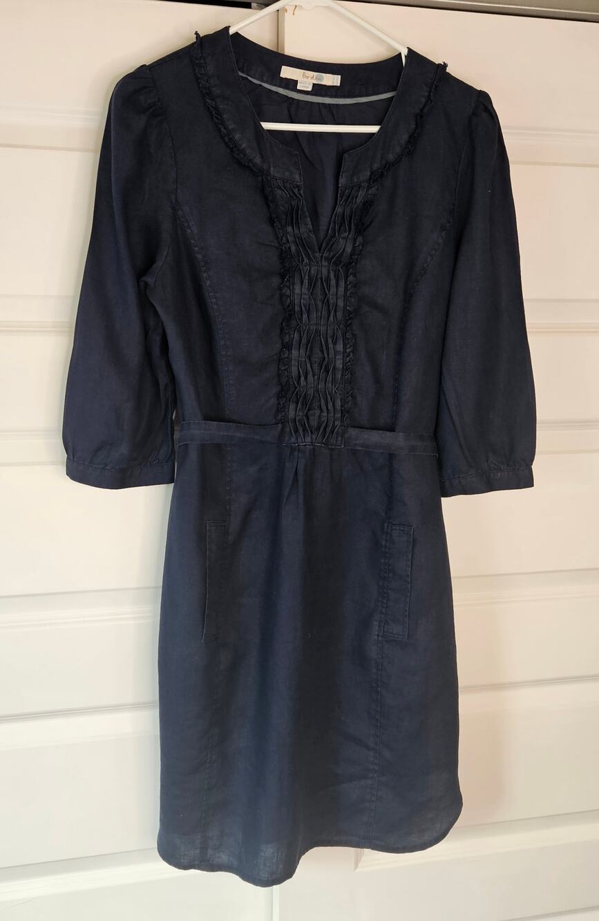 Boden Navy Blue 100% Linen Shift Dress Pin Tuck Ruffle Belted Casual 10R
